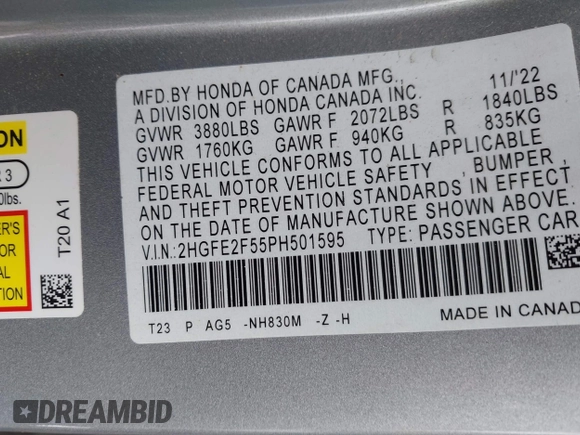 2023 Honda Civic Sport with VIN 2HGFE2F55PH501595, listed as a IAAI auction lot 42355942 with 8,924 mi miles and . Bid and sale history available at DreamBid. Image 9.