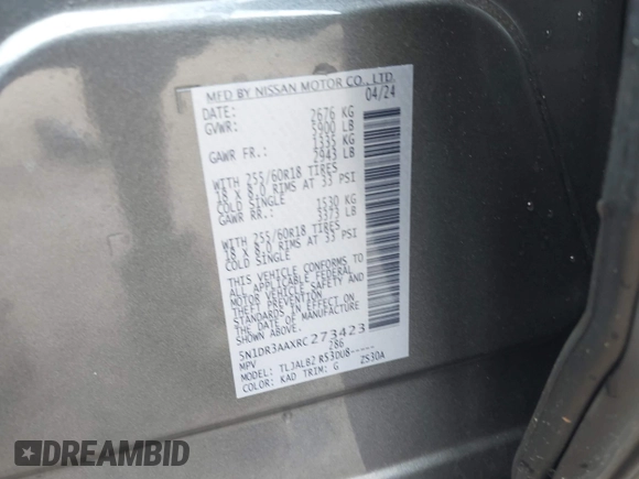 2024 Nissan Pathfinder S with VIN 5N1DR3AAXRC273423, listed as a IAAI auction lot 41210916 with 9,831 mi miles and . Bid and sale history available at DreamBid. Image 9.