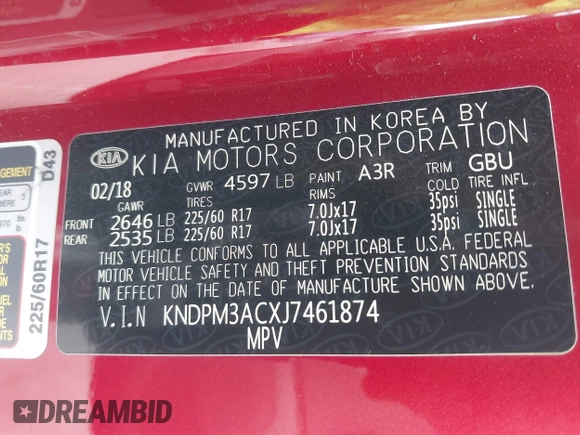 2018 Kia Sportage LX with VIN KNDPM3ACXJ7461874, listed as a IAAI auction lot 42064801 with 123,809 mi miles and . Bid and sale history available at carsss.com. Image 9.