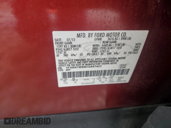 2013 Ford Explorer z VIN 1FM5K7B99DGA97423, wystawiony jako Copart lot #63574595 z przebiegiem 181 261 mil mil oraz Czysty tytuł • Clean title. Historia ofert i sprzedaży dostępna na DreamBid. Obrazek 13.