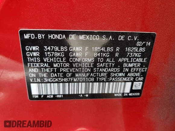 2015 Honda Fit EX-L with VIN 3HGGK5H87FM701108, listed as a Copart auction lot 55536945 with 57,519 mi miles and Salvage title. Bid and sale history available at DreamBid. Image 13.