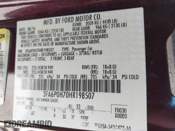 2017 Ford Fusion SE z VIN 3FA6P0H70HR198507, wystawiony jako IAAI lot #42033338 z przebiegiem 94 363 mil mil oraz . Historia ofert i sprzedaży dostępna na DreamBid. Obrazek 9.