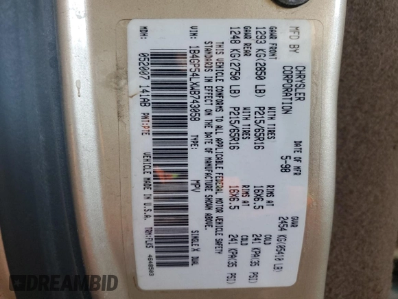 1998 Dodge Caravan LE with VIN 1B4GP54LXWB743058, listed as a Copart auction lot 80271164 with 192,048 mi miles and Salvage title. Bid and sale history available at DreamBid. Image 15.