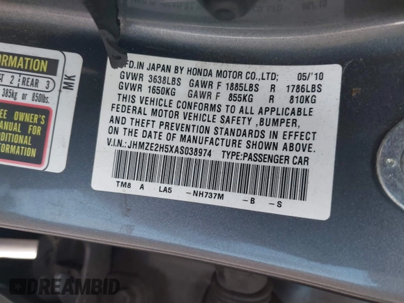 2010 Honda Insight LX with VIN JHMZE2H5XAS038974, listed as a IAAI auction lot 41958346 with Not provided miles and . Bid and sale history available at DreamBid. Image 9.