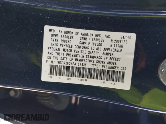 2015 Honda Accord Sedan LX with VIN 1HGCR2F34FA167935, listed as a IAAI auction lot 41502989 with 79,376 mi miles. Bid and sale history available at carsss.com. Image 9.