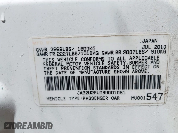 2011 Mitsubishi Lancer ES with VIN JA32U2FU0BU001081, listed as a IAAI auction lot 42092629 with 237,072 mi miles. Bid and sale history available at carsss.com. Image 9.