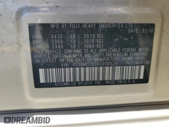 2010 Subaru Legacy Premium All-Weather Anniversary with VIN 4S3BMCC62A3234526, listed as a Copart auction lot 58933715 with 159,663 mi miles and Salvage title. Bid and sale history available at DreamBid. Image 13.