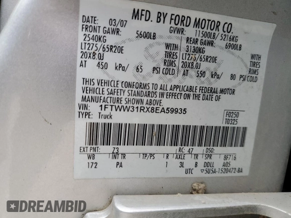 2008 Ford F-350 XL with VIN 1FTWW31RX8EA59935, listed as a Copart auction lot 58569245 with 314,862 mi miles and Non repairable. Bid and sale history available at DreamBid. Image 13.