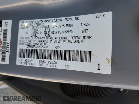 2018 Toyota Tundra SR5 z VIN 5TFHW5F12JX729043, wystawiony jako Copart lot #87330154 z przebiegiem 110 611 mil mil oraz Szkoda całkowita • Salvage title. Historia ofert i sprzedaży dostępna na DreamBid. Obrazek 12.