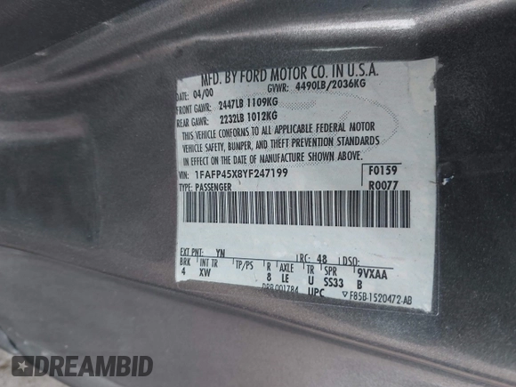 2000 Ford Mustang GT z VIN 1FAFP45X8YF247199, wystawiony jako IAAI lot #42188723 z przebiegiem 144 449 mil mil oraz . Historia ofert i sprzedaży dostępna na DreamBid. Obrazek 9.