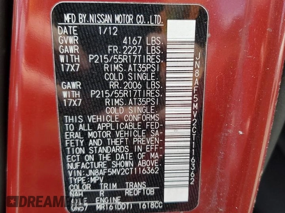 2012 Nissan Juke SL z VIN JN8AF5MV2CT116362, wystawiony jako Copart lot #57714665 z przebiegiem 80 185 mil mil oraz Szkody całkowita. Historia ofert i sprzedaży dostępna na DreamBid. Obrazek 12.