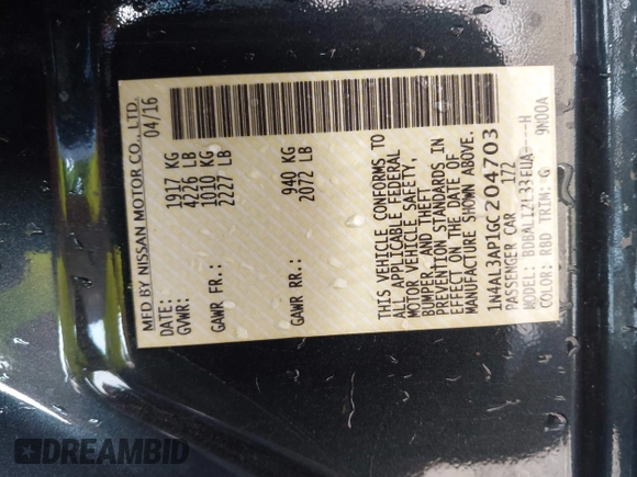 2016 Nissan Altima SR with VIN 1N4AL3AP1GC204703, listed as a IAAI auction lot 42040016 with 88,304 mi miles and . Bid and sale history available at DreamBid. Image 9.