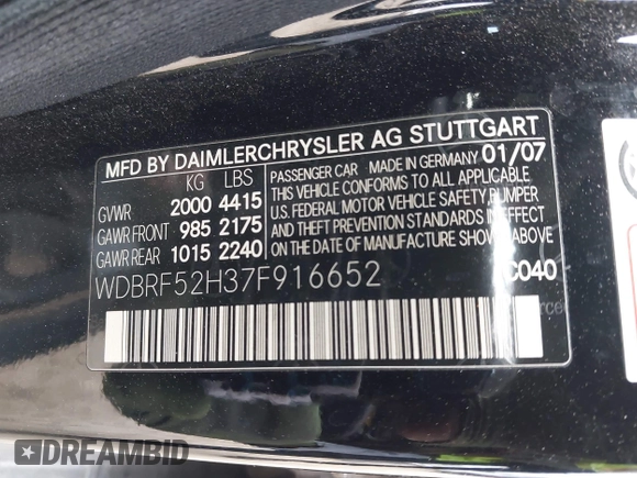 2007 Mercedes-Benz C 230 Sport with VIN WDBRF52H37F916652, listed as a IAAI auction lot 42053744 with 101,560 mi miles and . Bid and sale history available at DreamBid. Image 9.