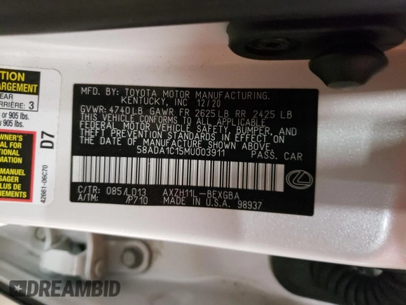 2021 Lexus ES with VIN 58ADA1C15MU003911, listed as a Copart auction lot 45132645 with 17,153 mi miles and Salvage Title. Bid and sale history available at carsss.com. Image 12.