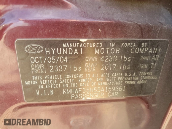 2005 Hyundai Sonata GLS with VIN KMHWF35H55A159361, listed as a Copart auction lot 49137505 with 167,081 mi miles and Salvage Title. Bid and sale history available at carsss.com. Image 14.