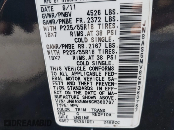 2012 Nissan Rogue S with VIN JN8AS5MV6CW360767, listed as a IAAI auction lot 42689563 with 127,915 mi miles and . Bid and sale history available at DreamBid. Image 9.