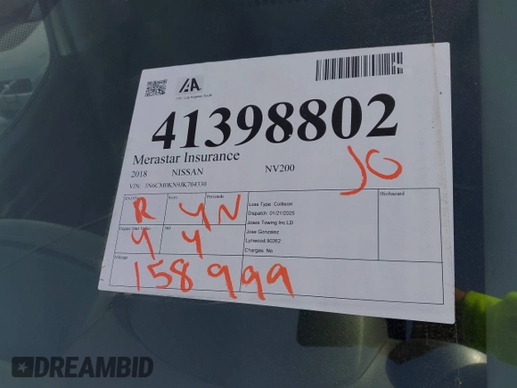 2018 Nissan NV200 S with VIN 3N6CM0KN9JK704330, listed as a IAAI auction lot 41398802 with 158,999 mi miles and . Bid and sale history available at DreamBid. Image 17.