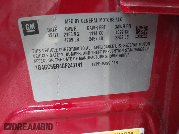 2012 Buick LaCrosse Leather with VIN 1G4GC5ER4CF243141, listed as a IAAI auction lot 41049132 with 72,000 mi miles and . Bid and sale history available at DreamBid. Image 9.
