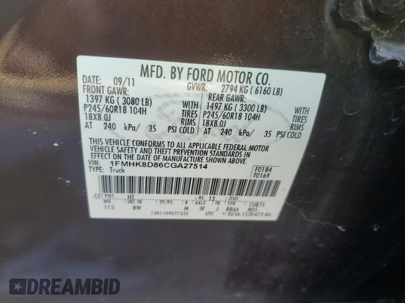 2012 Ford Explorer XLT with VIN 1FMHK8D86CGA27514, listed as a Copart auction lot 80331004 with 164,445 mi miles and Salvage title. Bid and sale history available at DreamBid. Image 13.