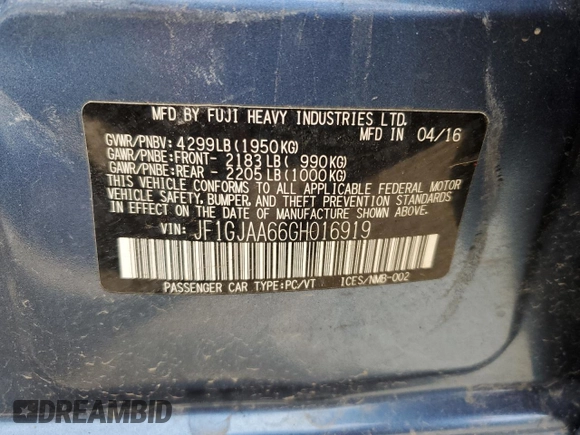 2016 Subaru Impreza z VIN JF1GJAA66GH016919, wystawiony jako Copart lot #55747365 z przebiegiem 88 896 mil mil oraz Szkoda całkowita • Salvage title. Historia ofert i sprzedaży dostępna na DreamBid. Obrazek 12.