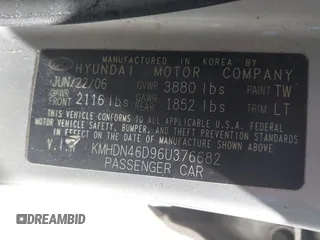 2006 Hyundai Elantra GLS z VIN KMHDN46D96U376682, wystawiony jako IAAI lot #41833630 z przebiegiem 154 132 mil mil oraz . Historia ofert i sprzedaży dostępna na DreamBid. Obrazek 9.