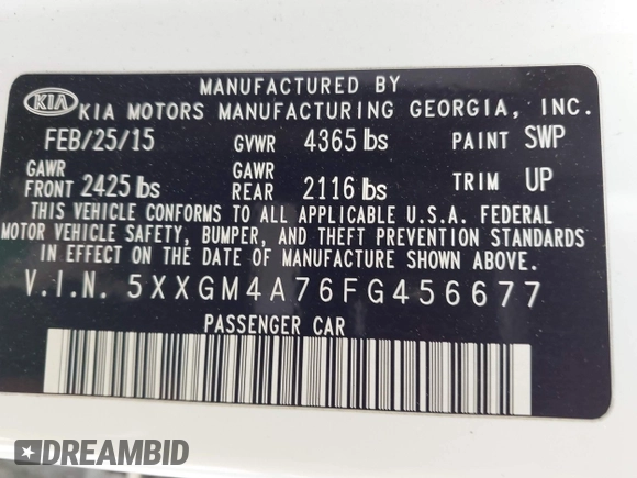 2015 Kia Optima LX with VIN 5XXGM4A76FG456677, listed as a IAAI auction lot 41976831 with 138,008 mi miles. Bid and sale history available at carsss.com. Image 9.