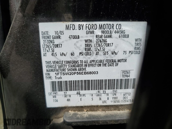 2006 Ford F-250 XL с VIN 1FTSW20P56EB68003, выставлен на аукционе Copart как лот 50697015 с пробегом 203 006 миль миль и Списание • Salvage title. История ставок и продаж доступна на DreamBid. Изображение 13.
