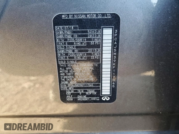 2019 Infiniti QX50 Essential with VIN 3PCAJ5M39KF117065, listed as a Copart auction lot 50702595 with 95,899 mi miles and Salvage title. Bid and sale history available at DreamBid. Image 13.