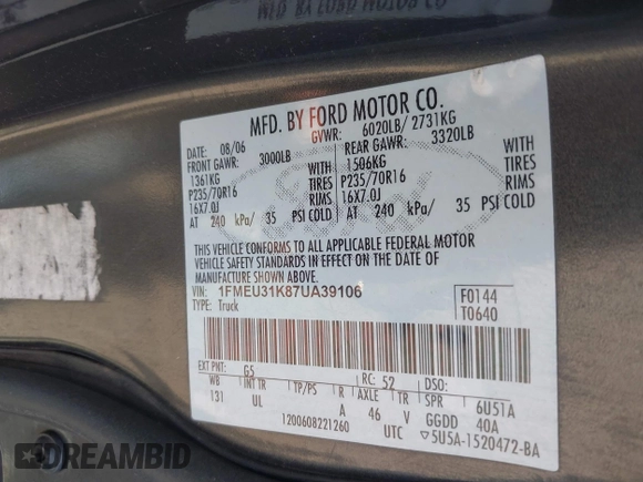 2007 Ford Explorer Sport Trac XLT with VIN 1FMEU31K87UA39106, listed as a IAAI auction lot 42692568 with 131,245 mi miles and . Bid and sale history available at DreamBid. Image 9.
