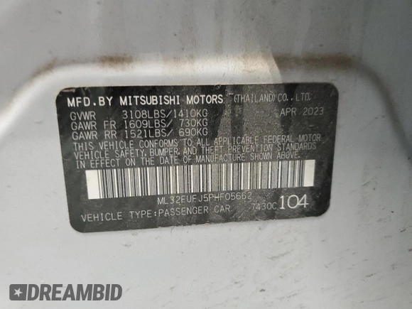 2023 Mitsubishi Mirage ES with VIN ML32FUFJ5PHF05662, listed as a Copart auction lot 53632475 with 21,861 mi miles and Salvage title. Bid and sale history available at DreamBid. Image 12.