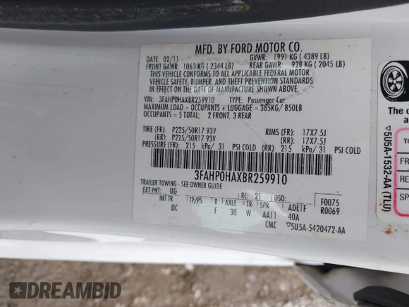 2011 Ford Fusion SE with VIN 3FAHP0HAXBR259910, listed as a IAAI auction lot 41587657 with 161,433 mi miles. Bid and sale history available at carsss.com. Image 9.