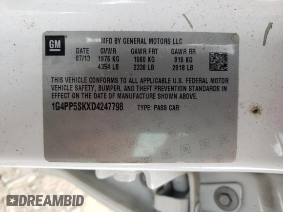 2013 Buick Verano with VIN 1G4PP5SKXD4247798, listed as a Copart auction lot 53808045 with 118,287 mi miles and Salvage title. Bid and sale history available at DreamBid. Image 12.