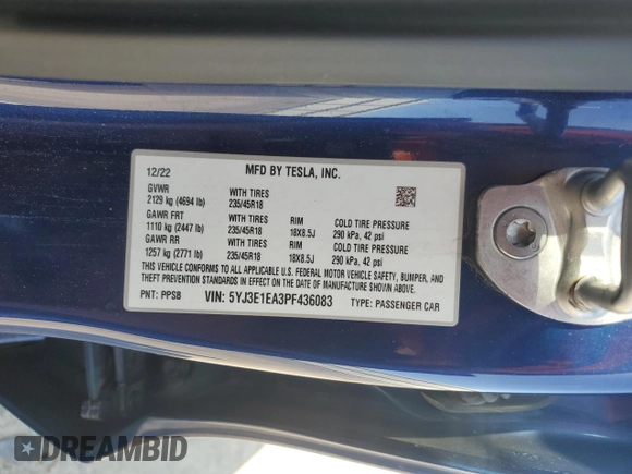 2023 Tesla Model 3 with VIN 5YJ3E1EA3PF436083, listed as a Copart auction lot 58864425 with 41,831 mi miles and Salvage title. Bid and sale history available at DreamBid. Image 13.