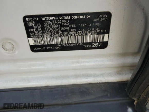2016 Mitsubishi Outlander GT with VIN JA4JZ4AX4GZ053068, listed as a Copart auction lot 59425335 with 72,275 mi miles and Salvage title. Bid and sale history available at DreamBid. Image 13.
