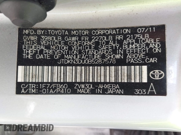 2011 Toyota Prius I with VIN JTDKN3DU0B5287578, listed as a IAAI auction lot 42103674 with 187,808 mi miles. Bid and sale history available at carsss.com. Image 9.