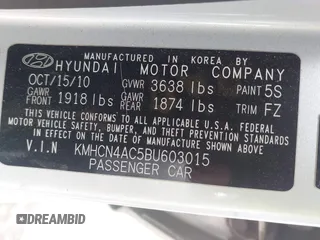 2011 Hyundai Accent GLS with VIN KMHCN4AC5BU603015, listed as a IAAI auction lot 41949292 with 206,879 mi miles and . Bid and sale history available at DreamBid. Image 9.