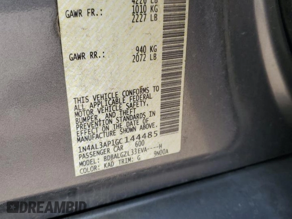 2016 Nissan Altima SV with VIN 1N4AL3AP1GC144485, listed as a Copart auction lot 55398935 with 56,994 mi miles and Salvage Title. Bid and sale history available at DreamBid. Image 12.