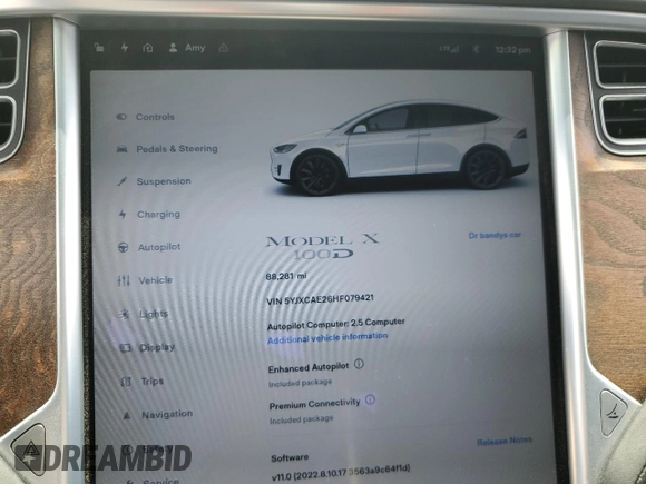 2017 Tesla Model X 90D with VIN 5YJXCAE26HF079421, listed as a Copart auction lot 47889005 with 88,281 mi miles and Salvage Title. Bid and sale history available at DreamBid. Image 9.