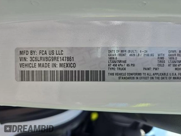2024 Ram ProMaster Cargo Tradesman with VIN 3C6LRVBG9RE147861, listed as a IAAI auction lot 42241239 with 6,478 mi miles and . Bid and sale history available at DreamBid. Image 1.