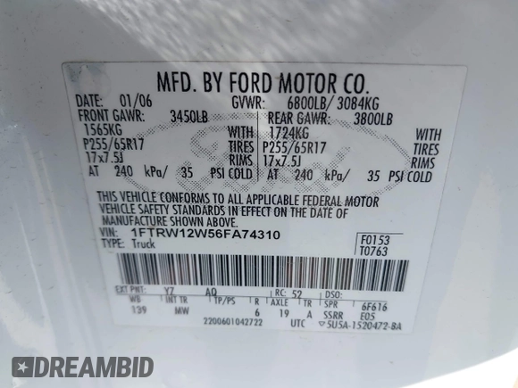 2006 Ford F-150 XLT с VIN 1FTRW12W56FA74310, выставлен на аукционе IAAI как лот 42534134 с пробегом 300 638 миль миль и . История ставок и продаж доступна на DreamBid. Изображение 9.