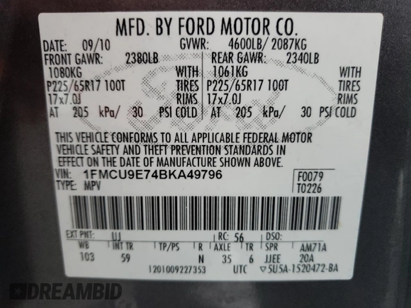 2011 Ford Escape Limited with VIN 1FMCU9E74BKA49796, listed as a Copart auction lot 79469874 with 117,536 mi miles and Clean Title. Bid and sale history available at DreamBid. Image 13.
