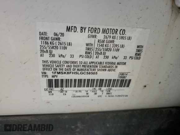 2020 Ford Explorer Limited with VIN 1FMSK8FH5LGC58505, listed as a Copart auction lot 52645825 with 51,222 mi miles and Salvage Title. Bid and sale history available at carsss.com. Image 13.