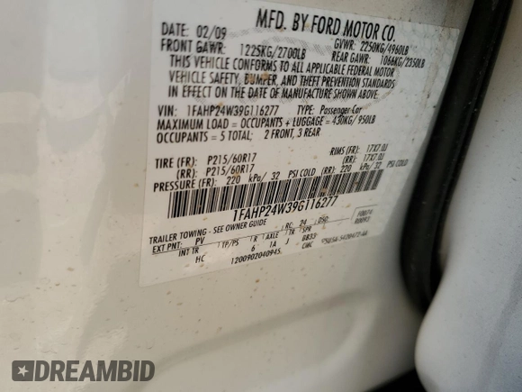 2009 Ford Taurus SEL with VIN 1FAHP24W39G116277, listed as a Copart auction lot 60994224 with Not Provided miles and Salvage Title. Bid and sale history available at carsss.com. Image 12.