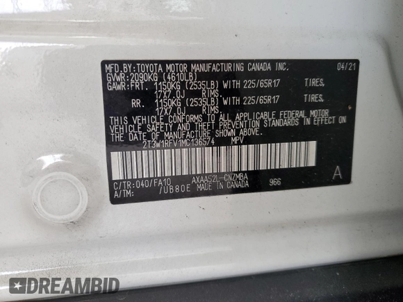 2021 Toyota RAV4 XLE with VIN 2T3W1RFV1MC136574, listed as a Copart auction lot 49177995 with 36,717 mi miles and Salvage Title. Bid and sale history available at carsss.com. Image 13.