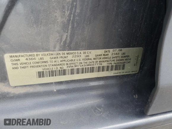 2009 Volkswagen Jetta S with VIN 3VWJM71K59M007776, listed as a Copart auction lot 53959525 with 190,557 mi miles and Salvage title. Bid and sale history available at DreamBid. Image 13.