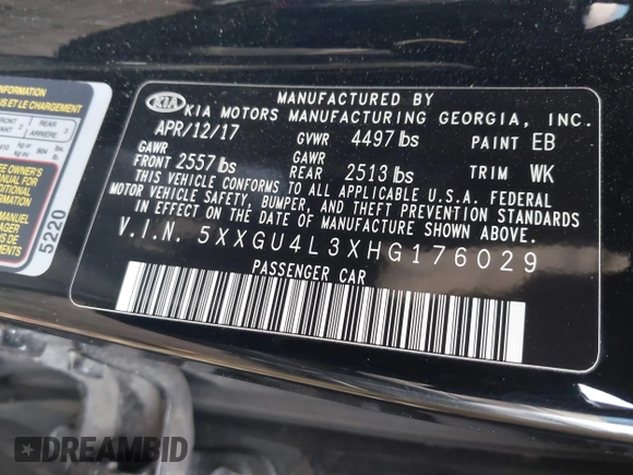 2017 Kia Optima EX with VIN 5XXGU4L3XHG176029, listed as a IAAI auction lot 41481536 with 282,759 mi miles. Bid and sale history available at carsss.com. Image 9.