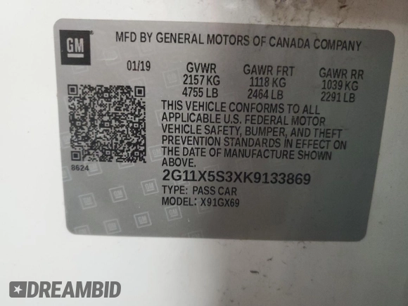 2019 Chevrolet Impala LS with VIN 2G11X5S3XK9133869, listed as a Copart auction lot 76998904 with 102,558 mi miles and Clean Title. Bid and sale history available at DreamBid. Image 12.
