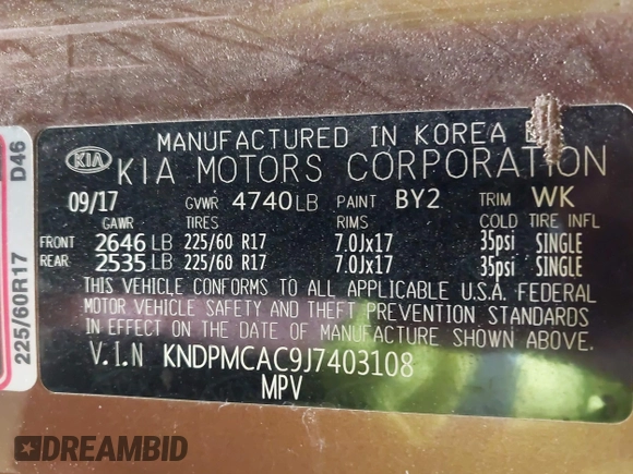 2018 Kia Sportage LX with VIN KNDPMCAC9J7403108, listed as a IAAI auction lot 41946497 with 123,023 mi miles. Bid and sale history available at carsss.com. Image 9.