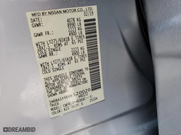 2019 Nissan Titan XD SV with VIN 1N6BA1F46KN520020, listed as a Copart auction lot 76840844 with 25,720 mi miles and Non Repairable. Bid and sale history available at carsss.com. Image 13.