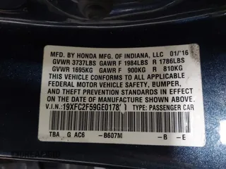 2016 Honda Civic Sedan LX with VIN 19XFC2F59GE017820, listed as a IAAI auction lot 41406871 with 126,376 mi miles. Bid and sale history available at carsss.com. Image 9.